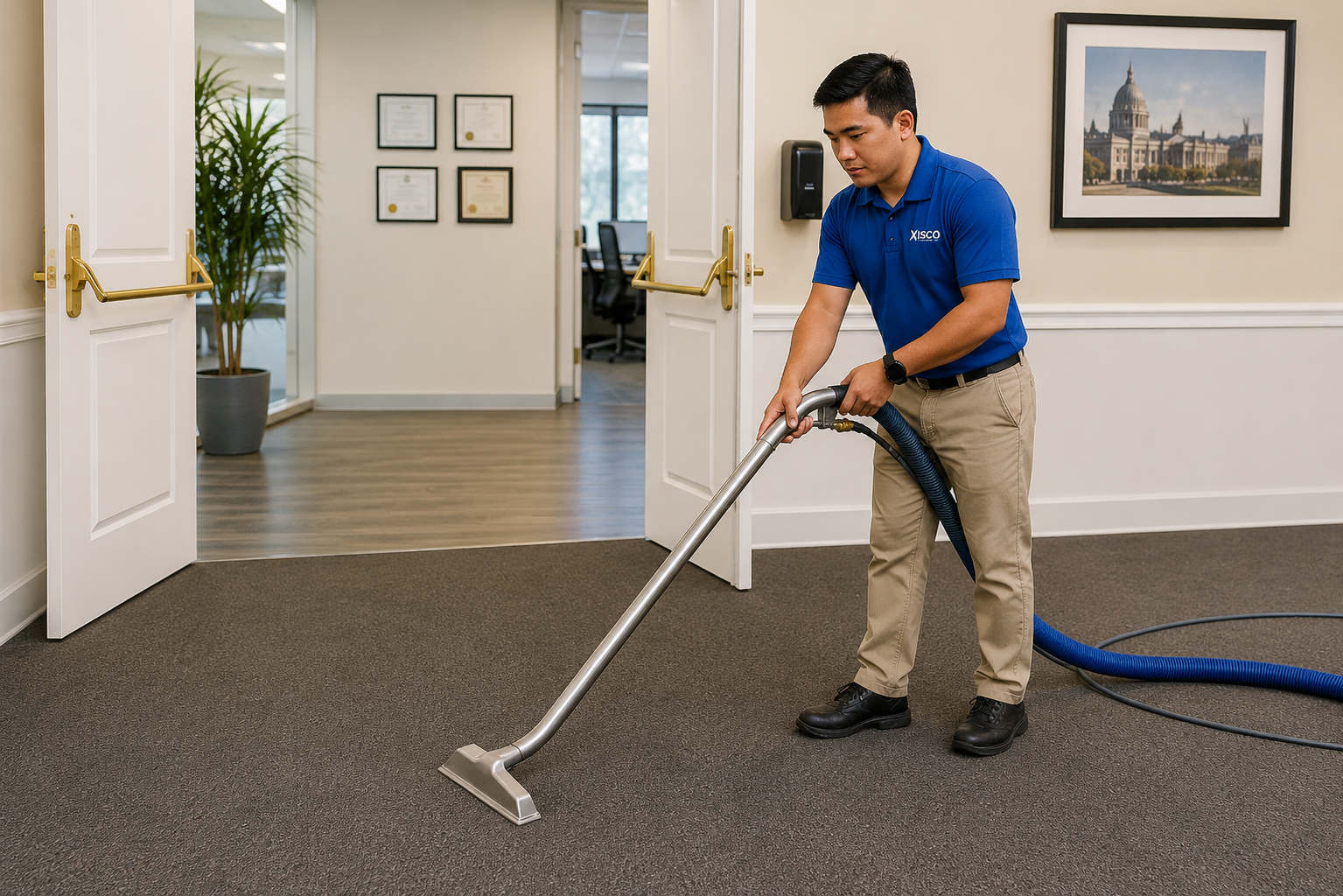 Workplace cleaning personnel vacuuming a modern office workspace in the Philippines